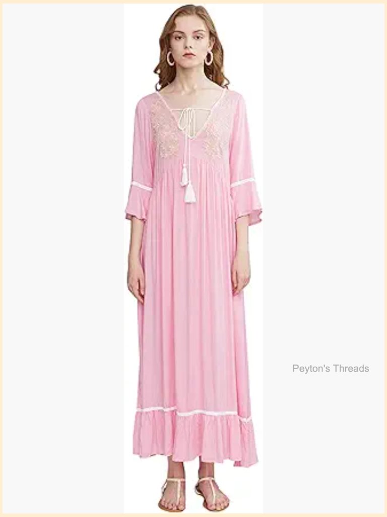V-Neck Embroidered Ruffles Midi Dress 3/4 Sleeve